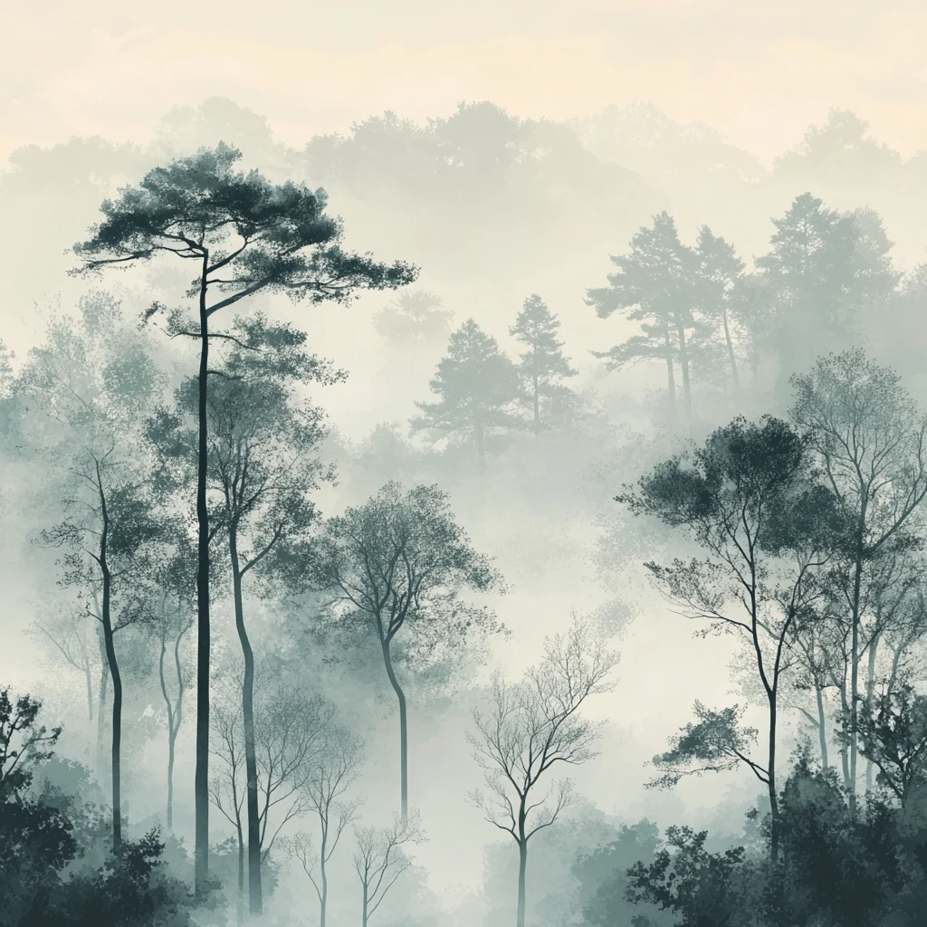 Boschi e paesaggi: alberi e ombre sfumate nella nebbia