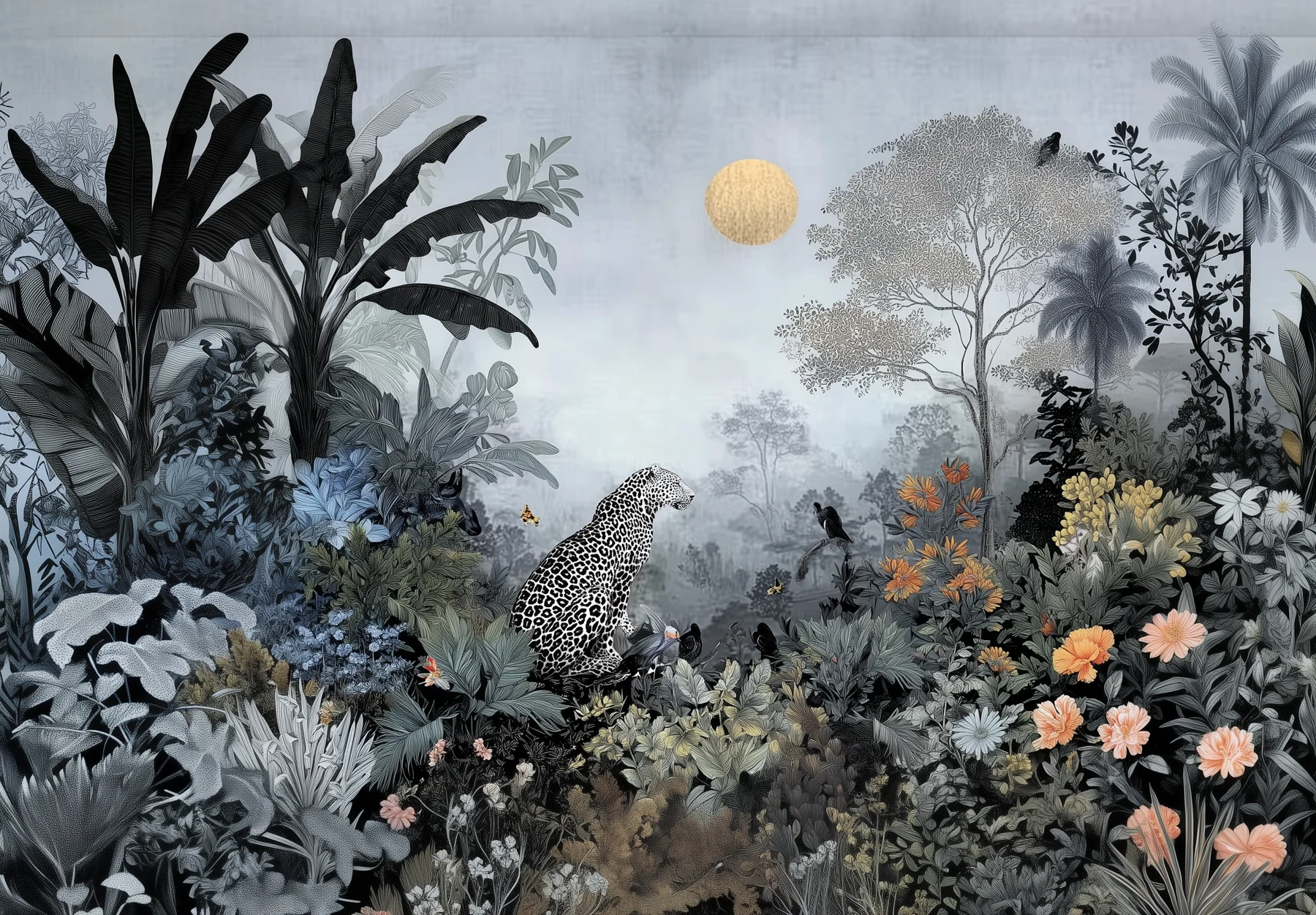 Jungle: leopardo tra vegetazione tropicale e fiori
