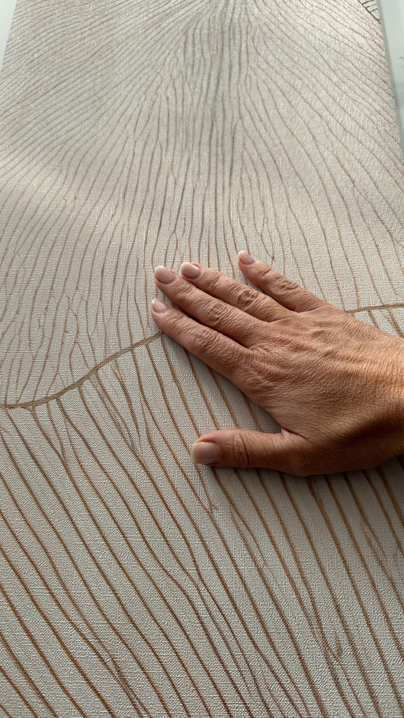 Una mano sfiora una superficie stampata con linee botaniche