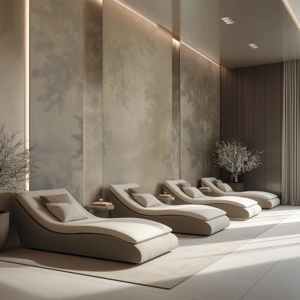 Ambientazione di progetto SPA, rivestimento decorativo e lettini relax
